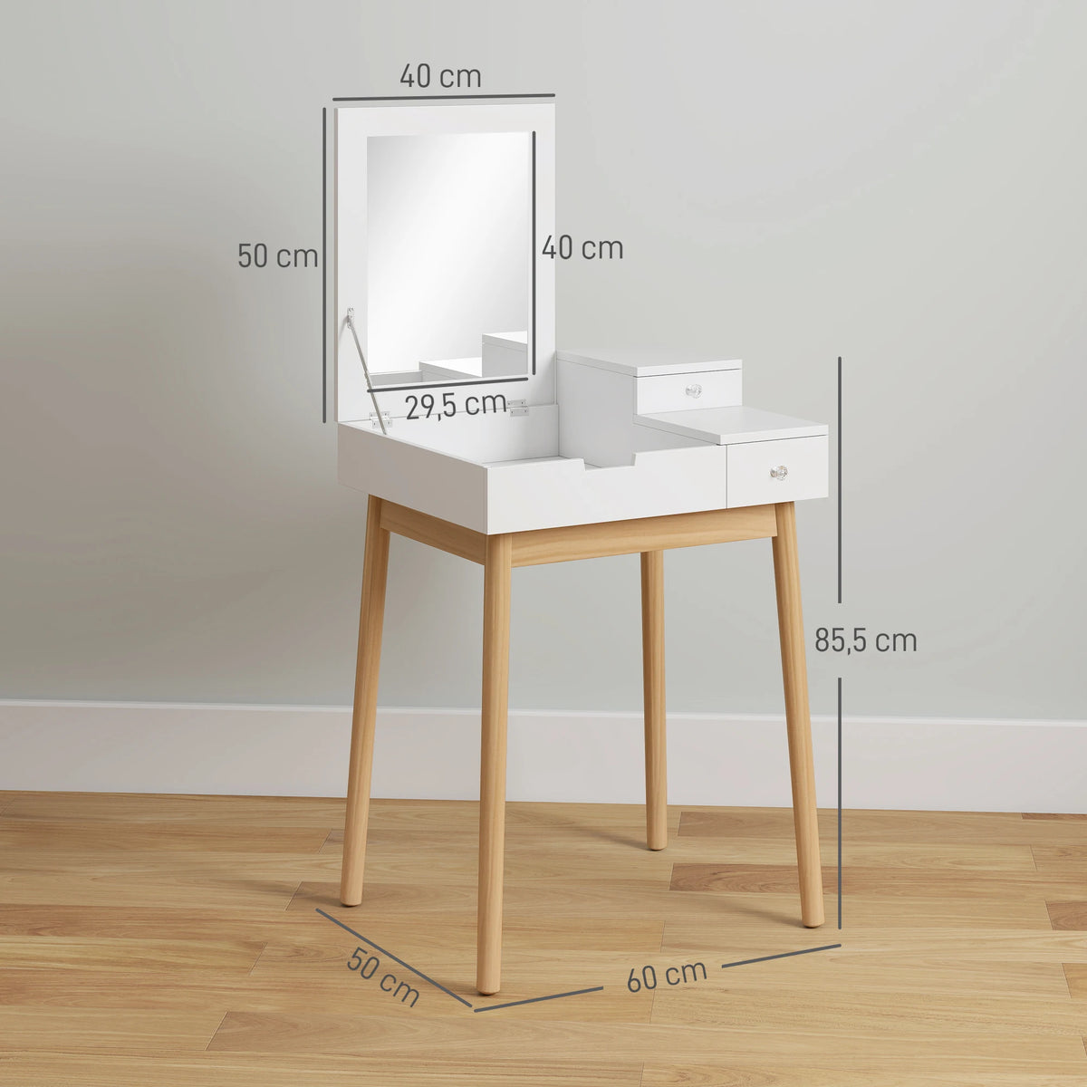 Coiffeuse Alma — bureau 2 en 1, miroir rabattable, pieds en pin – vue 5
