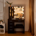 Coiffeuse Victoire noire — miroir coulissant à 10 ampoules, 6 tiroirs et tabouret – vue 2