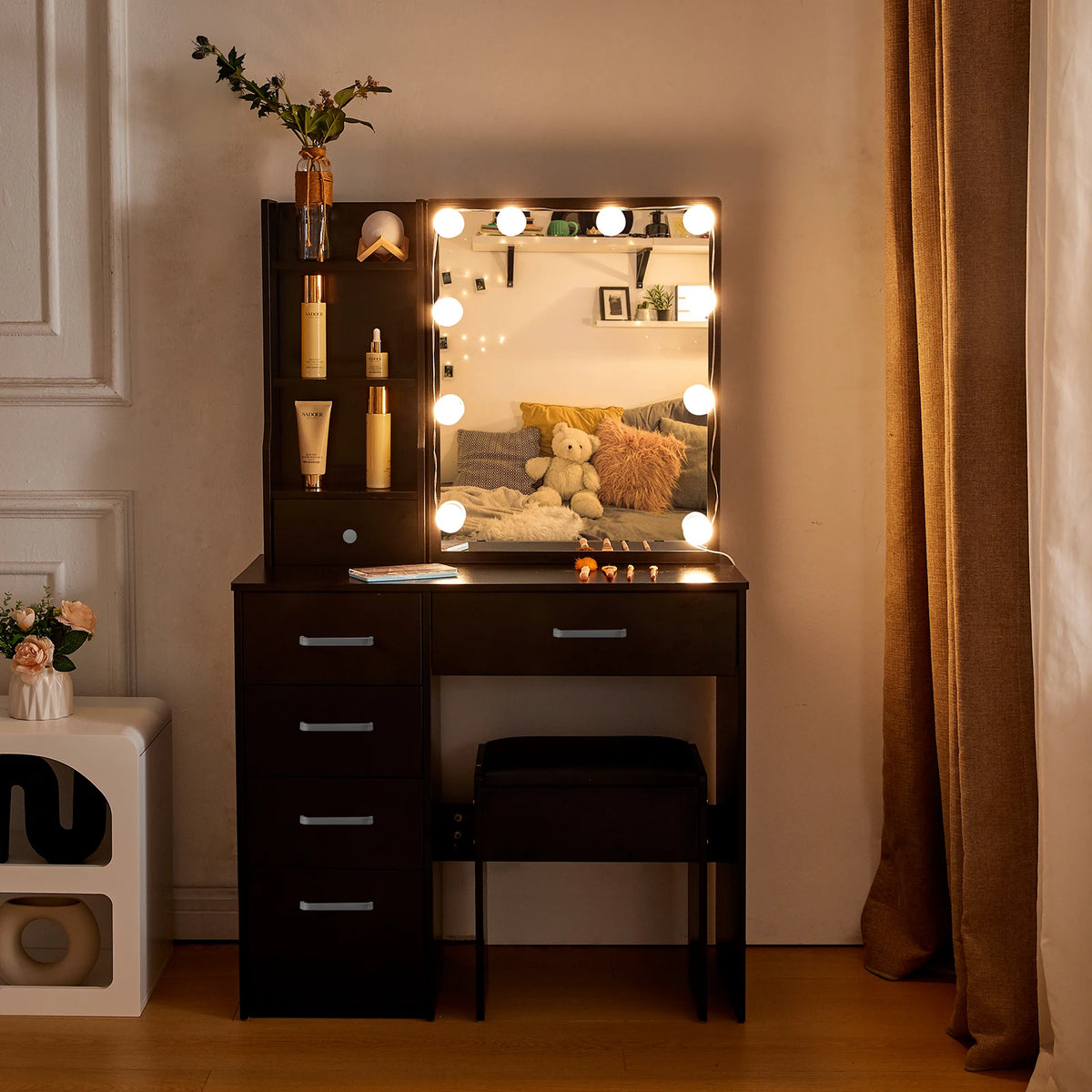 Coiffeuse Victoire noire — miroir coulissant à 10 ampoules, 6 tiroirs et tabouret – vue 2