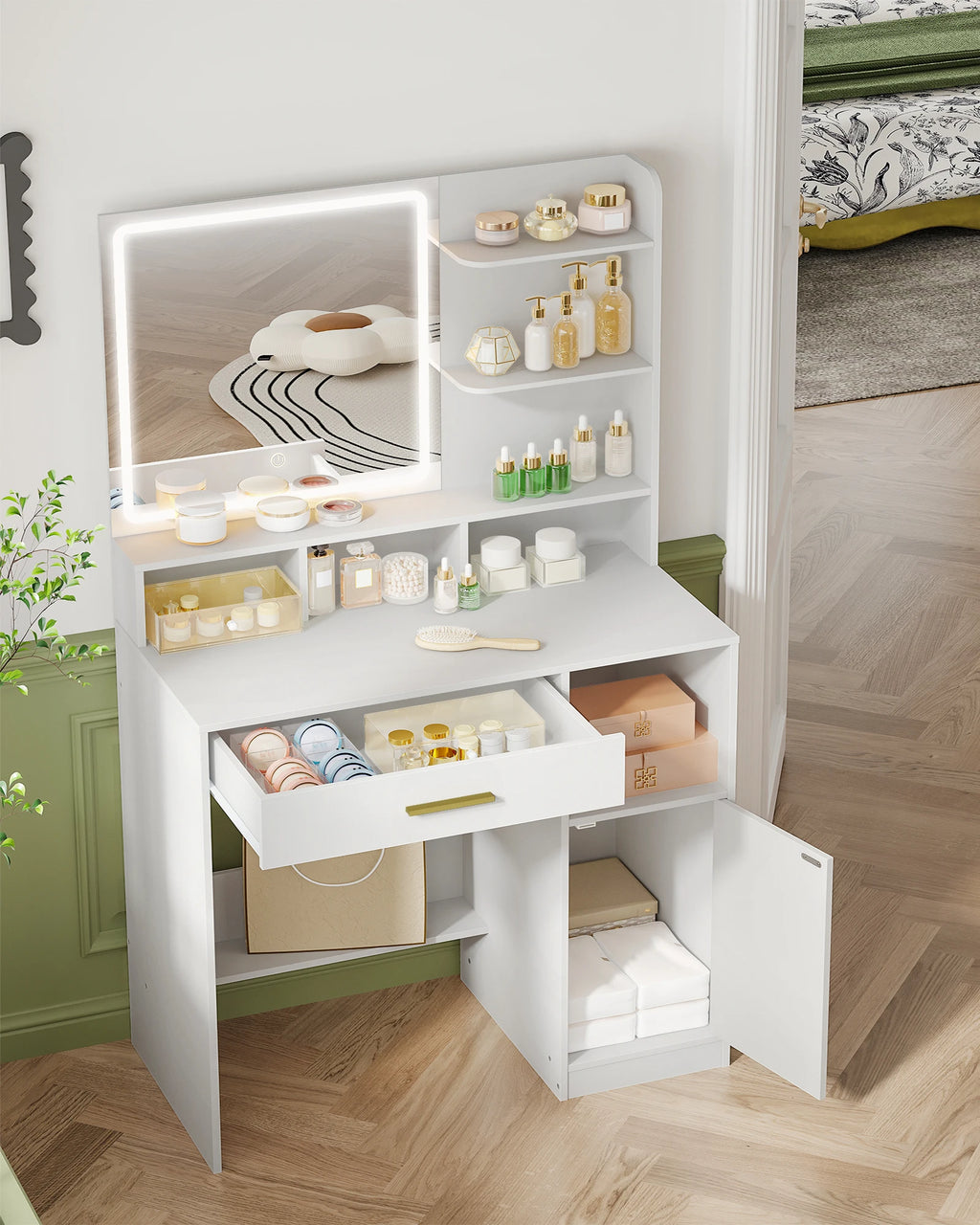 Coiffeuse Jeanne — miroir LED tactile, tiroir et placard – vue 3