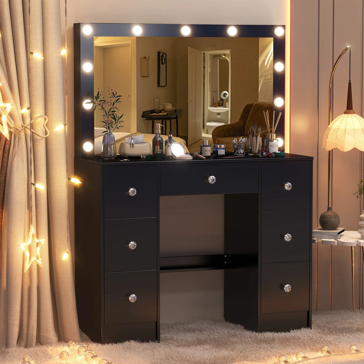 Coiffeuse Ava — noire, miroir à 11 ampoules et 7 tiroirs