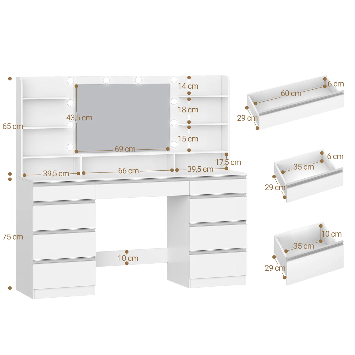 Coiffeuse Olympe — 150 cm, 9 tiroirs et miroir à 10 ampoules – vue 4