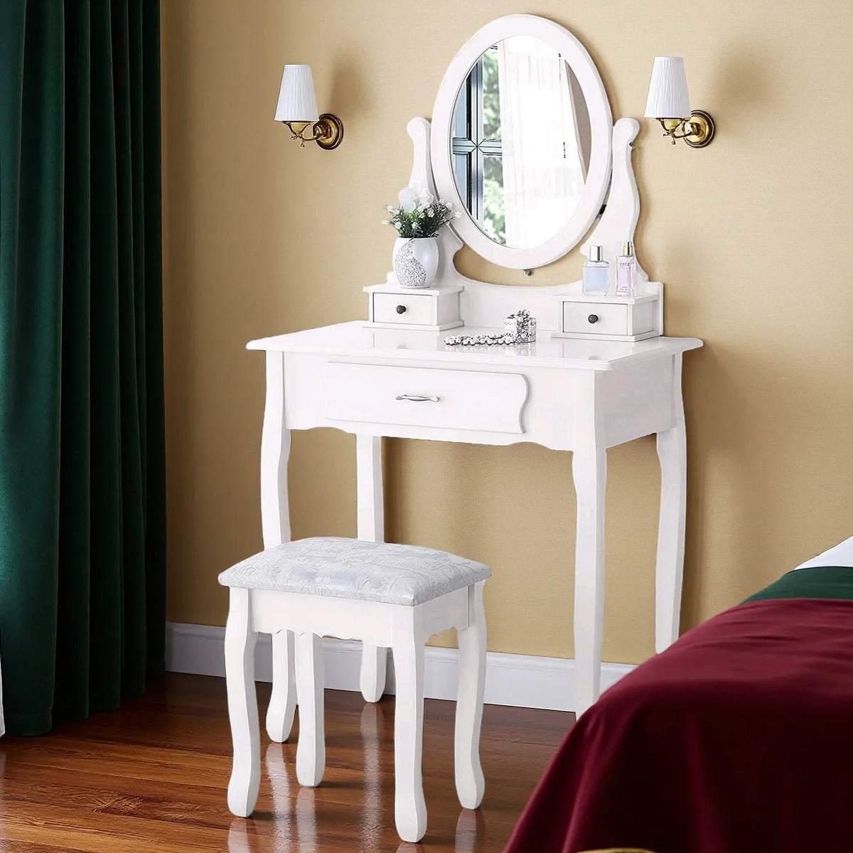 Coiffeuse Colette — style romantique, miroir ovale et tabouret – vue 2