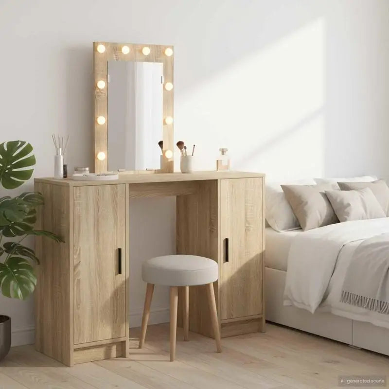 Coiffeuse Garance — décor chêne, miroir à ampoules et 2 placards