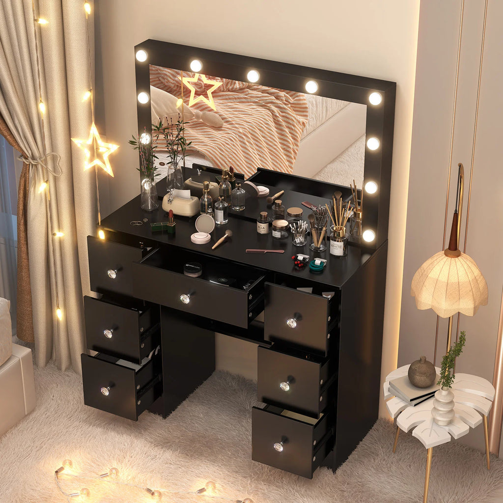 Coiffeuse Ava — noire, miroir à 11 ampoules et 7 tiroirs – vue 2