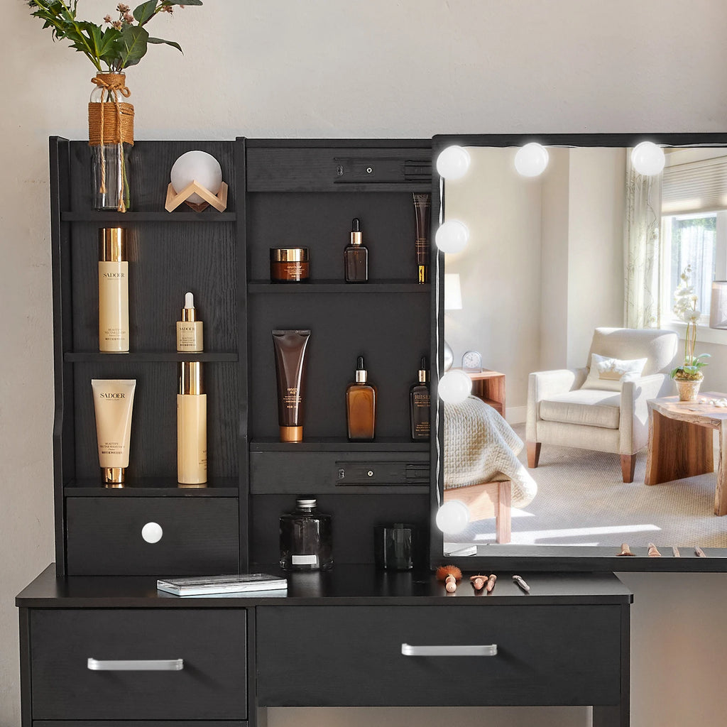 Coiffeuse Victoire noire — miroir coulissant à 10 ampoules, 6 tiroirs et tabouret – vue 7