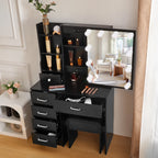 Coiffeuse Victoire noire — miroir coulissant à 10 ampoules, 6 tiroirs et tabouret – vue 4