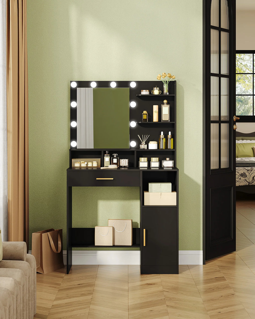 Coiffeuse Romy — miroir à 10 ampoules, tiroir et placard – vue 6