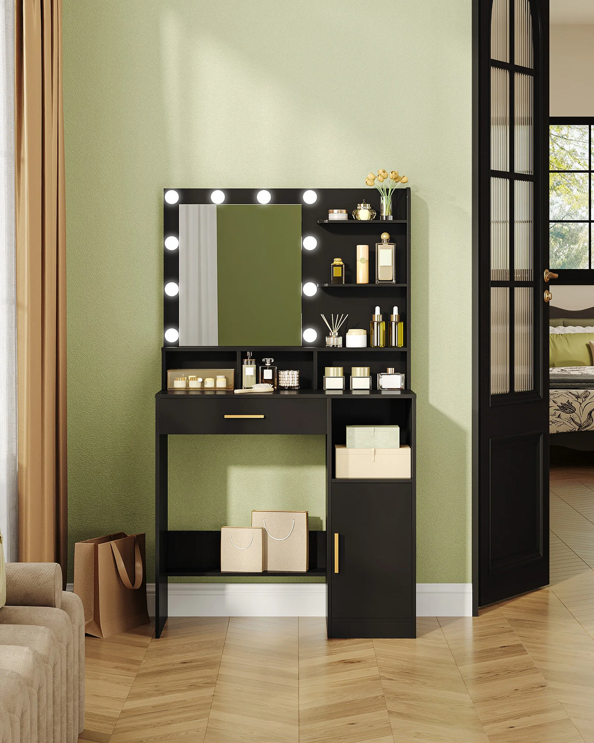 Coiffeuse Romy — miroir à 10 ampoules, tiroir et placard – vue 6