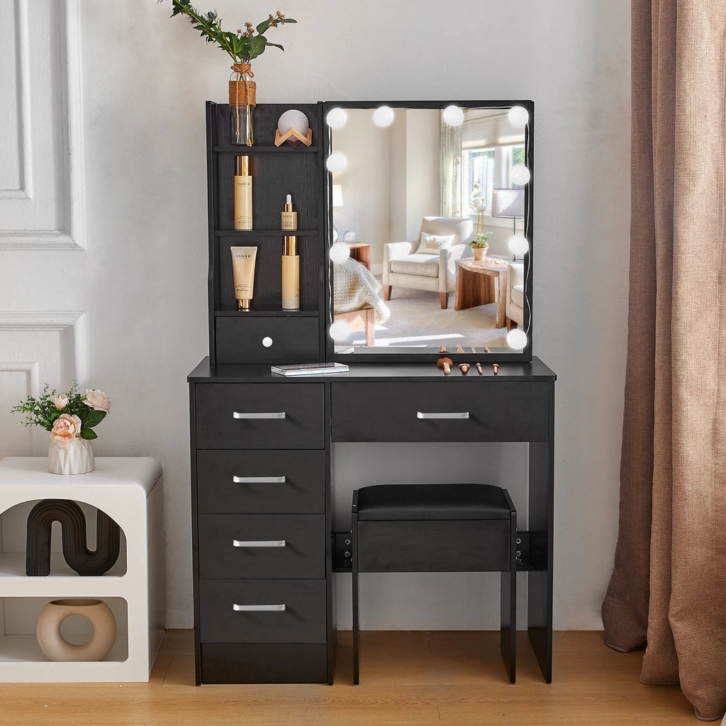 Coiffeuse Victoire noire — miroir coulissant à 10 ampoules, 6 tiroirs et tabouret