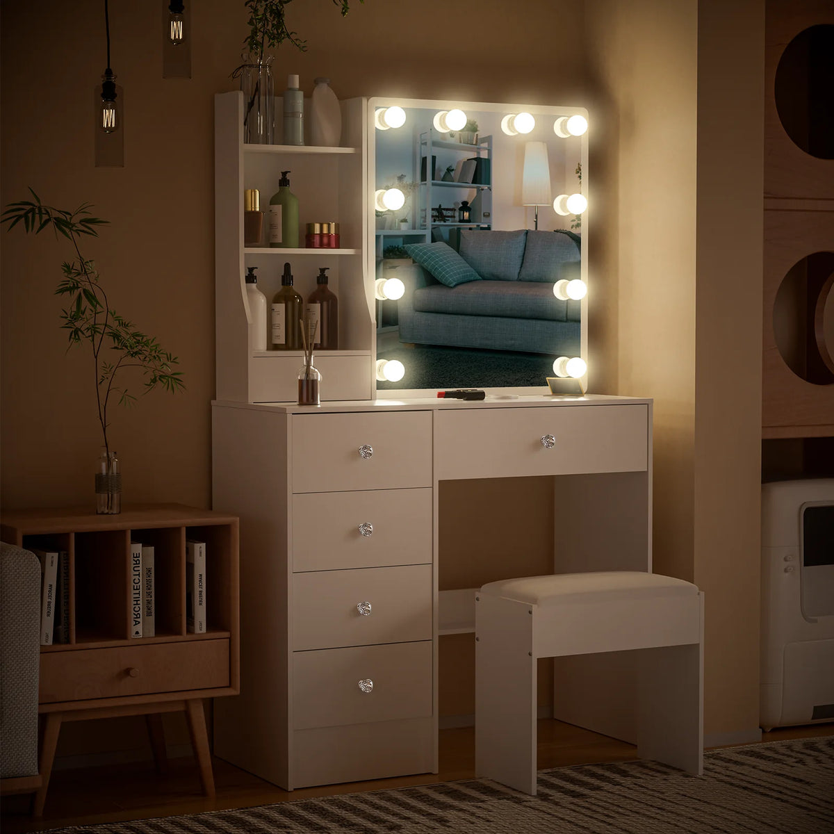 Coiffeuse Victoire — miroir coulissant à 10 ampoules, 6 tiroirs et tabouret – vue 3