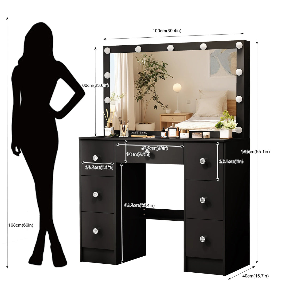 Coiffeuse Ava — noire, miroir à 11 ampoules et 7 tiroirs – vue 6