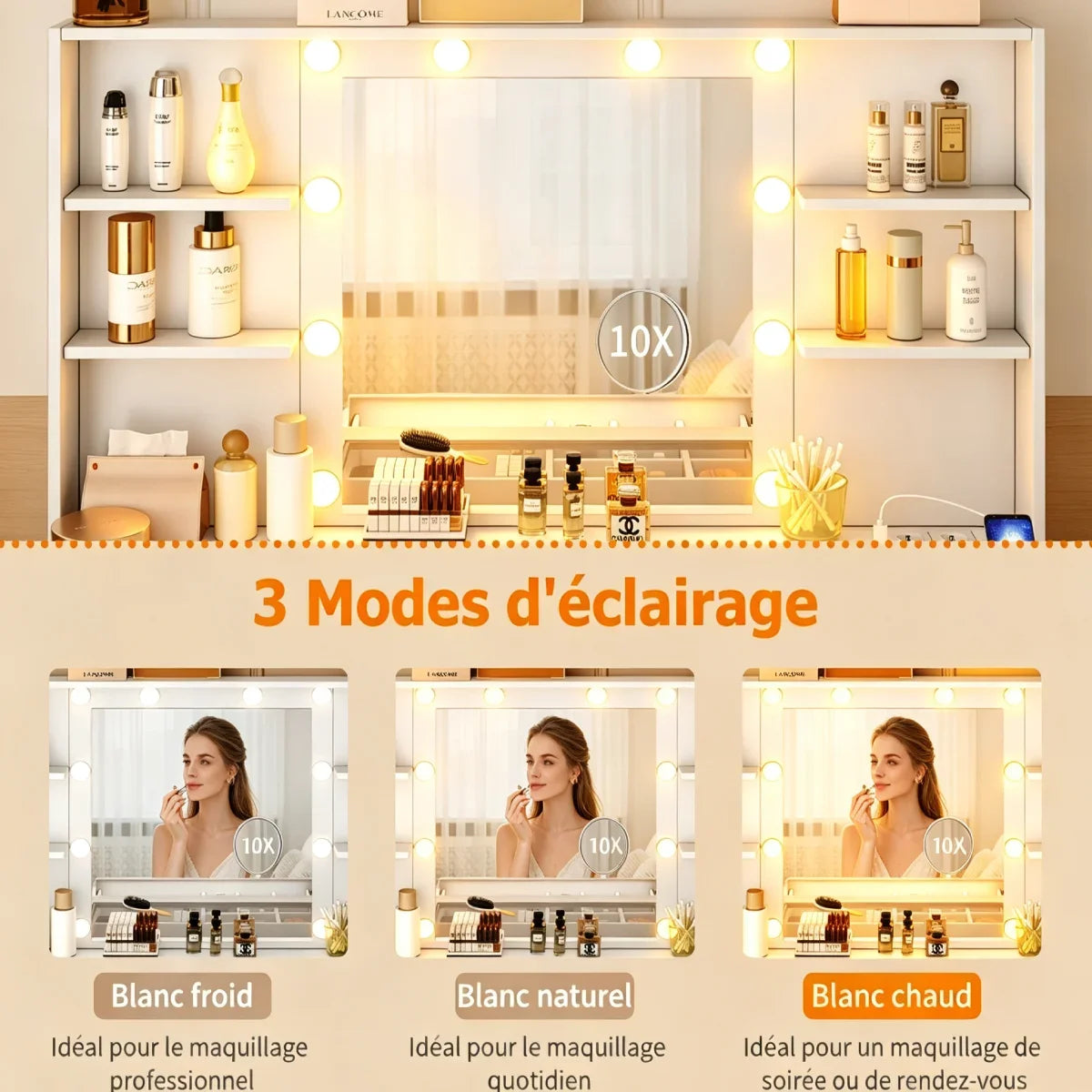 Coiffeuse Céleste — 113 cm, grand miroir lumineux, vitrines et tabouret – vue 5