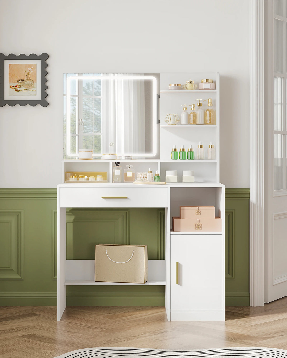 Coiffeuse Jeanne — miroir LED tactile, tiroir et placard – vue 2