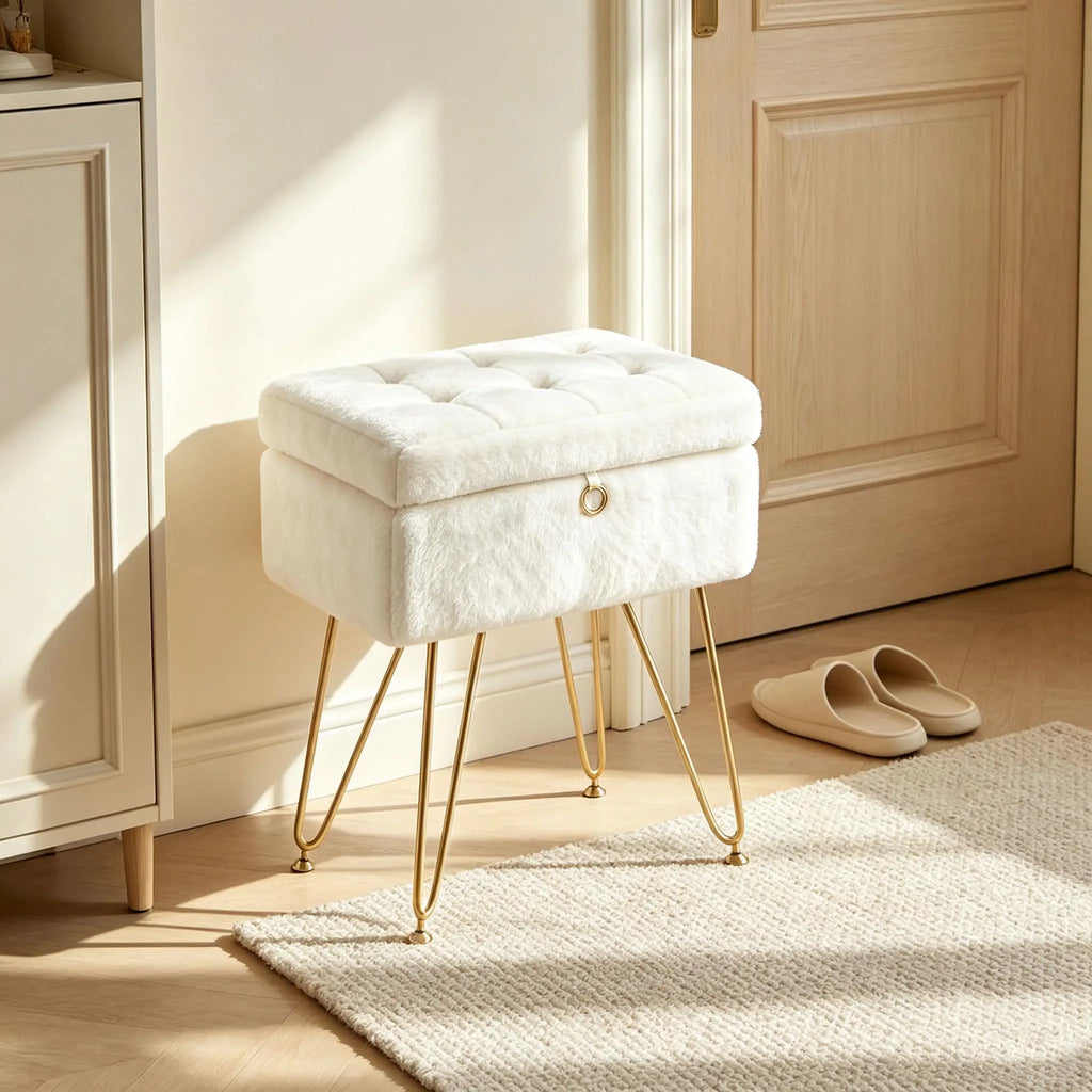 Tabouret Nuage — fausse fourrure, coffre de rangement et pieds dorés – vue 2