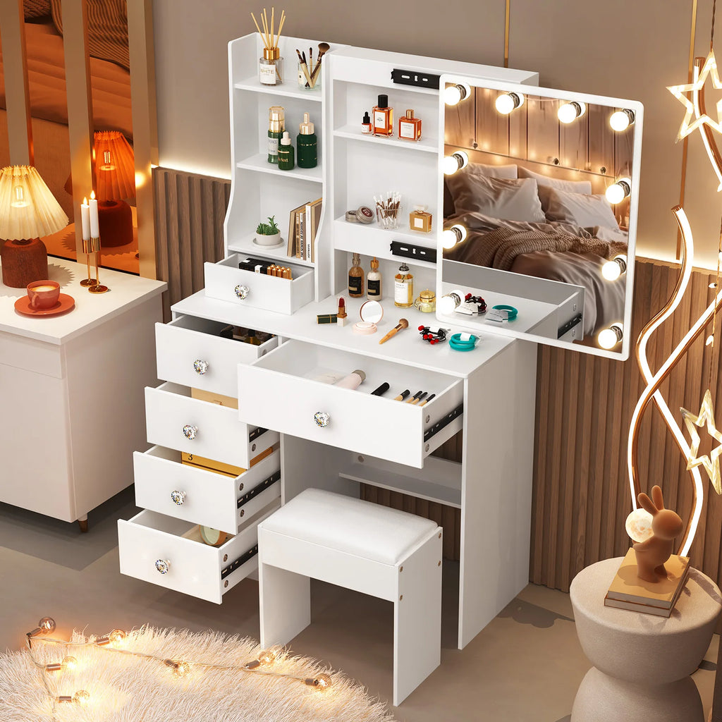 Coiffeuse Victoire — miroir coulissant à 10 ampoules, 6 tiroirs et tabouret – vue 2