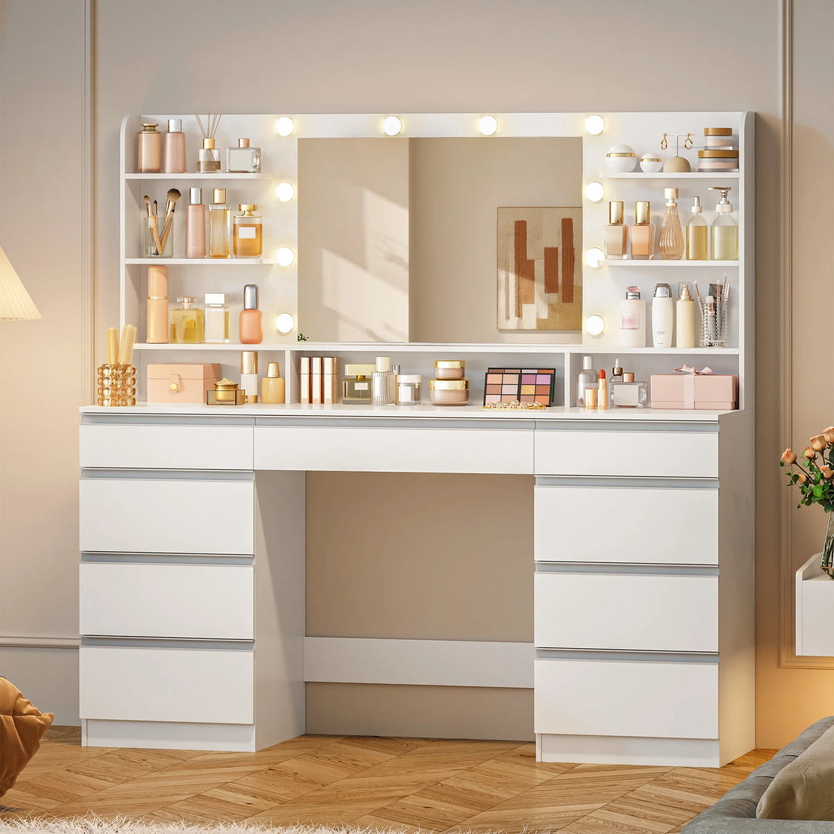 Coiffeuse Olympe — 150 cm, 9 tiroirs et miroir à 10 ampoules