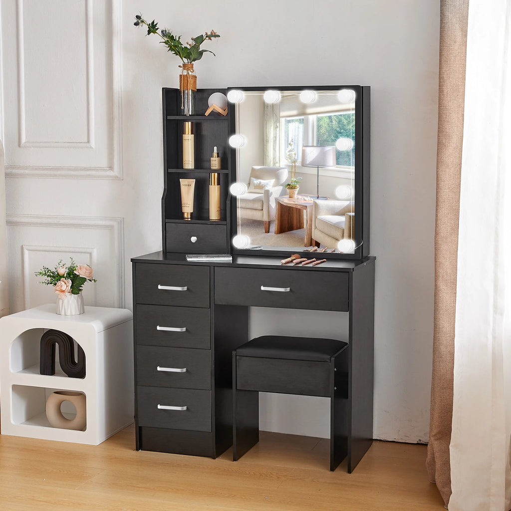 Coiffeuse Victoire noire — miroir coulissant à 10 ampoules, 6 tiroirs et tabouret – vue 3