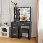 Coiffeuse Victoire noire — miroir coulissant à 10 ampoules, 6 tiroirs et tabouret – vue 3