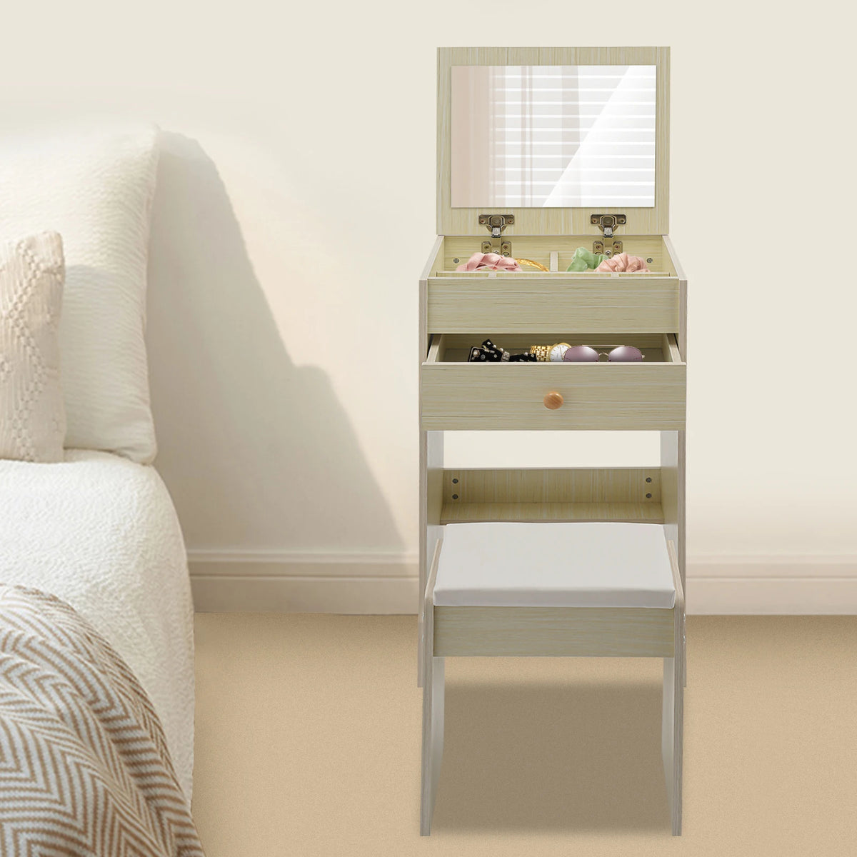 Coiffeuse Lison — 40 cm de large, miroir caché et tabouret – vue 7