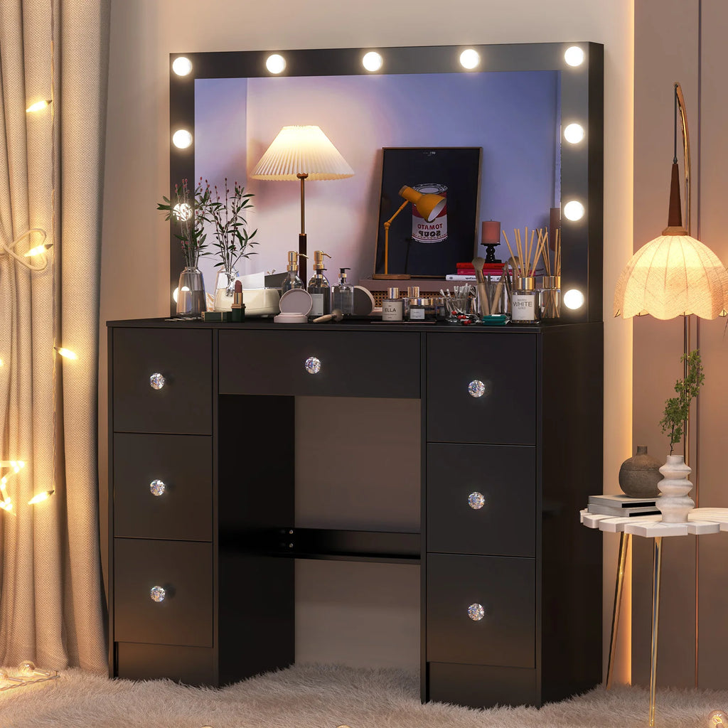 Coiffeuse Ava — noire, miroir à 11 ampoules et 7 tiroirs – vue 3