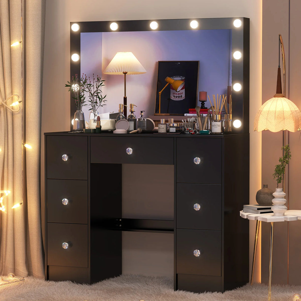 Coiffeuse Ava — noire, miroir à 11 ampoules et 7 tiroirs – vue 3